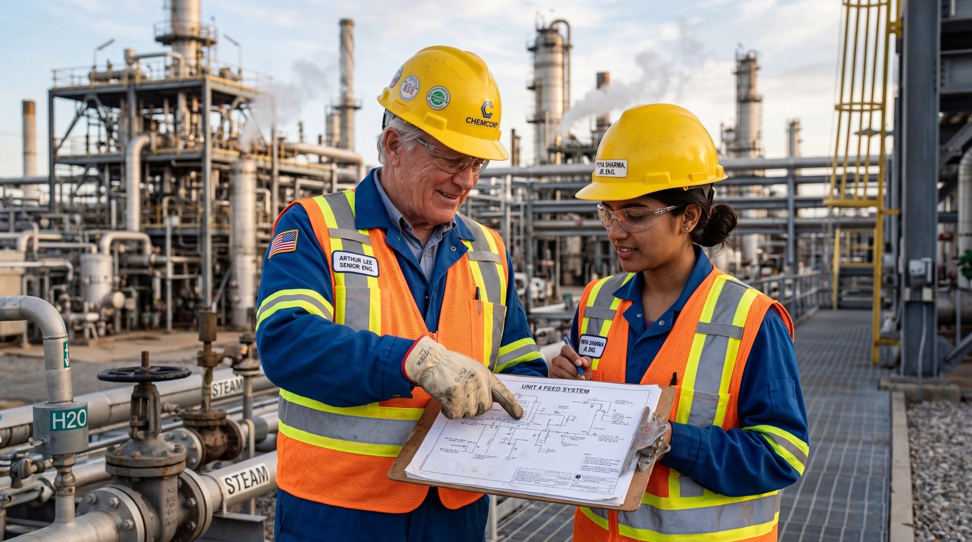 SSE engineers reviewing technical plans at an industrial facility